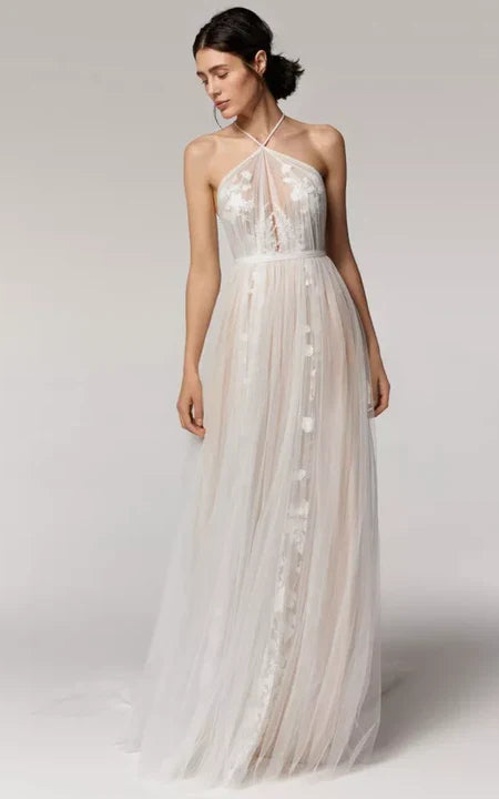 Vestido para boda, halter, sin mangas, tul, cintura imperio, plisado, con apliques, vestido para formal